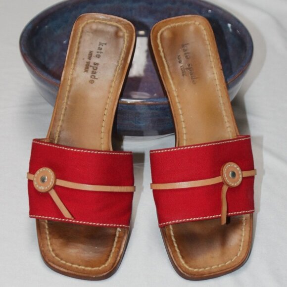 Vintage Kate Spade Leather and Red Canvas Slides - Picture 1 of 12